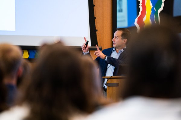 Aaron Radelet speaks with students during Meijer Lecture Series