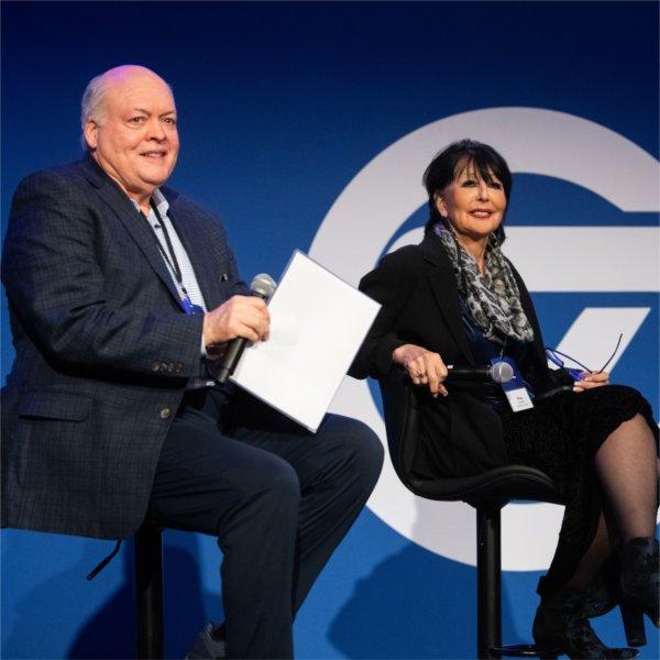 Jim Hackett and President Philomena V. Mantella answer questions from audience members during their Fireside Chat.