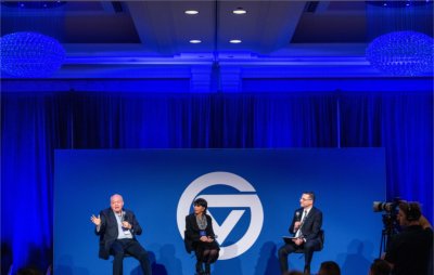 Jim Hackett and President Philomena V. Mantella answer questions from audience members during their Fireside Chat.