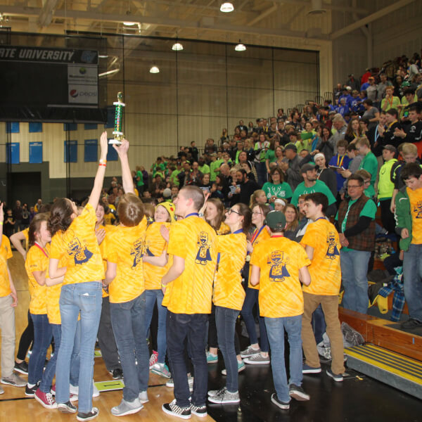 Students from Grand Haven Public Schools celebrating a victory at the Science Olympiad.