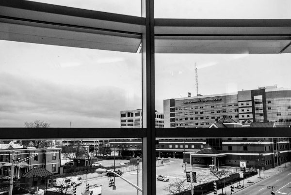 black and white photo taken from the CHS building looking south on Michigan Avenue to Spectrum Health