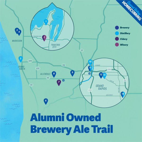 A graphic map that highlights different locations on GVSU Alumni's Alumni owned brewery ale trail. 