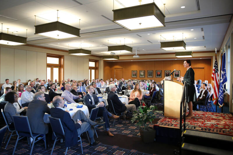 Birgit Klohs addresses crowd at the Peter F. Secchia Breakfast Lecture Series