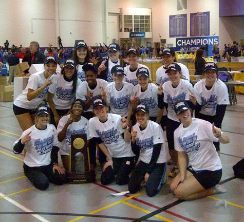 The Laker women's track and field team celebrates its second straight national championship title.