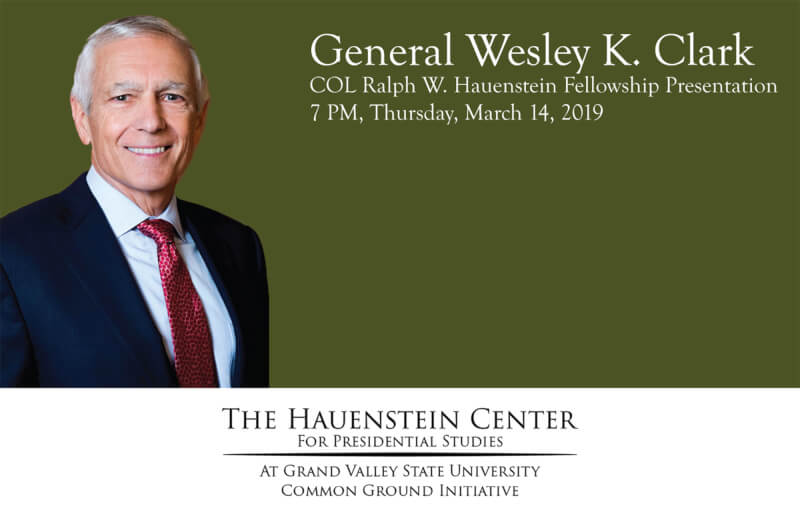 A flyer featuring the face of Wesley Clark and details of his event on March 14 at 7 p.m.