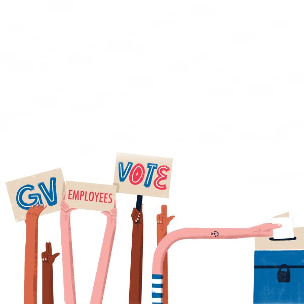 graphic illustration of vote signs and hand going to ballot box