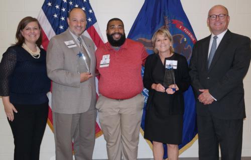 From left, Brandy Johnson, Michigan College Access Network; Steven Lipnicki, Grand Valley; Marq Hicks; Tina Hoxie, Grand Rapids Community College; and James Robert Redford, Michigan Veterans Affairs Agency.