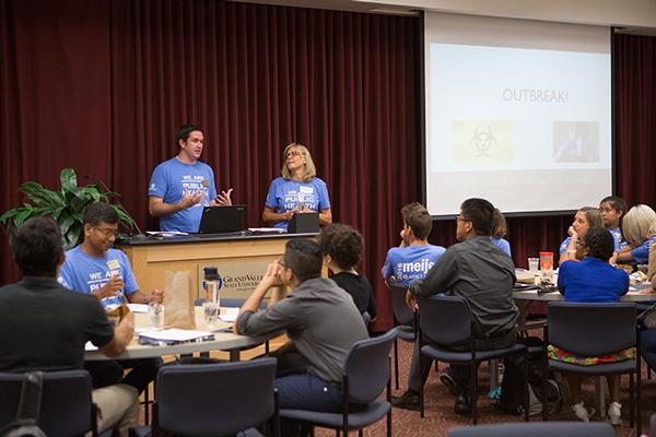 Students from Grand Rapids Community College, Grand Rapids Public Schools and University of Michigan, and sHaPe Camp alumni learned about health professions during a special event July 15. Photo by Valerie Wojciechowski.
