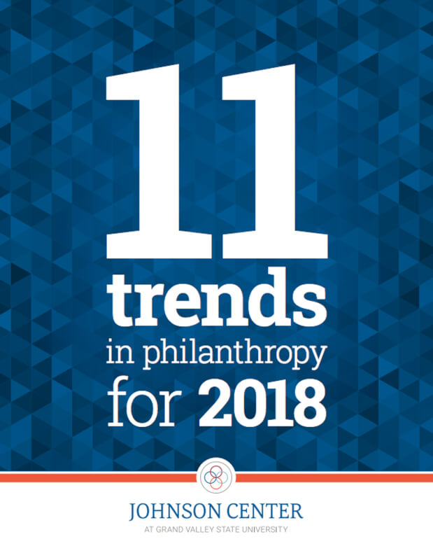 The cover page of a report from the Johnson Center which says "11 Trends in philanthropy for 2018"