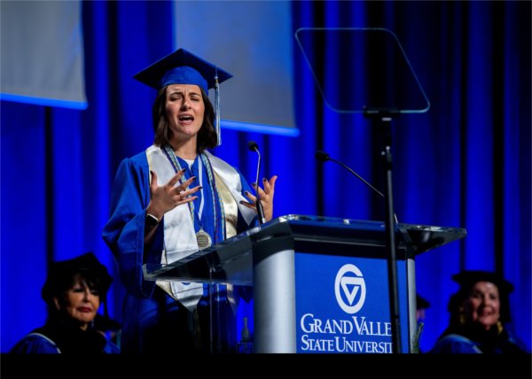 Hannah Hosfelt, the ceremony's student speaker, addresses graduates.