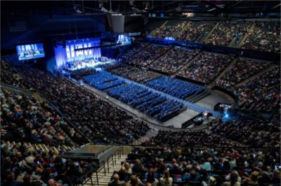 A photo taken from the upper level of Van Andel Area during the Commencement ceremony.