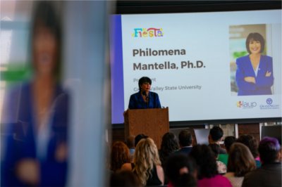 President Philomena V. Mantella speaks at the LatinXperience Symposium.
