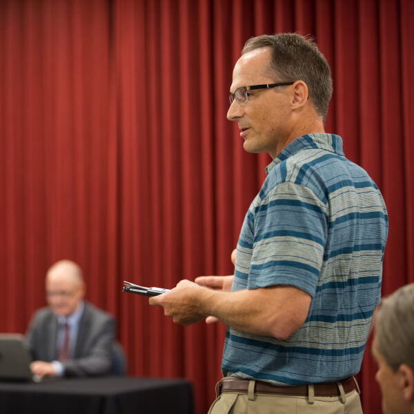 Matt Boelkins, professor of mathematics, comments during an open forum about Grand Valley's next provost.