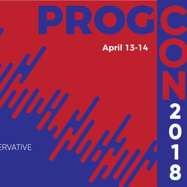 A red and blue logo of the progressive/conservative conference