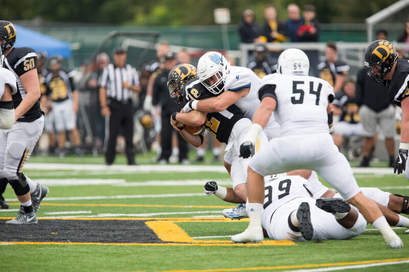 Photo courtesy GVSU Sports Information  Alton Voss makes a tackle against Ohio Dominican. Voss was profiled in a Detroit Free Press story.