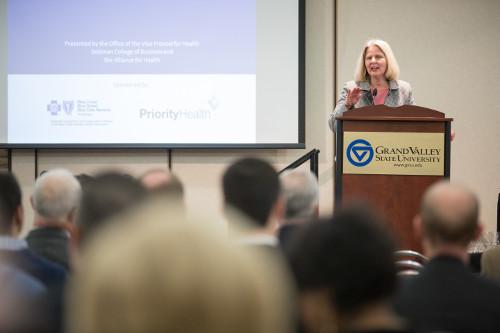 Jean Nagelkerk, vice provost for Health, is pictured at the 2014 Health Care Economic Forecast. This year's event is set for January 9 at the Eberhard Center.