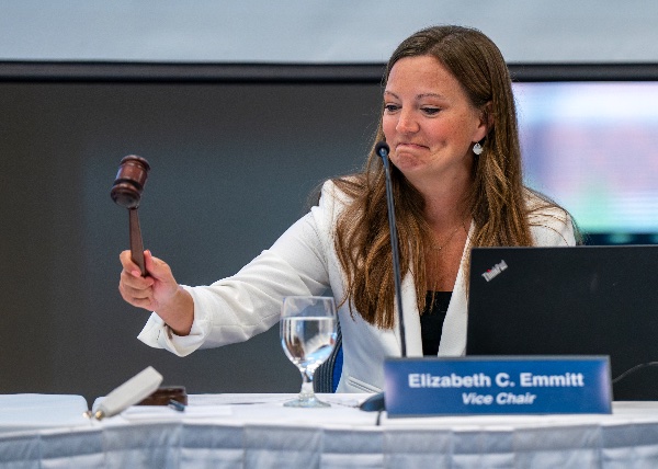 Elizabeth Emmitt taps a ceremonial gavel after being elected chair of Grand Valley's Board of Trustees.