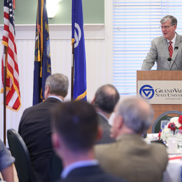  President Thomas J. Haas speaking to a room of veterans