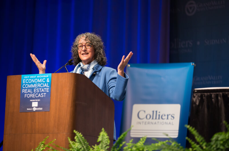 Diana Lawson, dean of the Seidman College of Business, addresses business leaders at the 2017 West Michigan Economic and Real Estate Forecast event held January 26 at DeVos Place in Grand Rapids.
