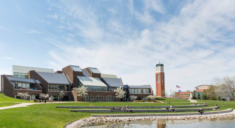 A photo of the carillon tower and Kirkhof Center.