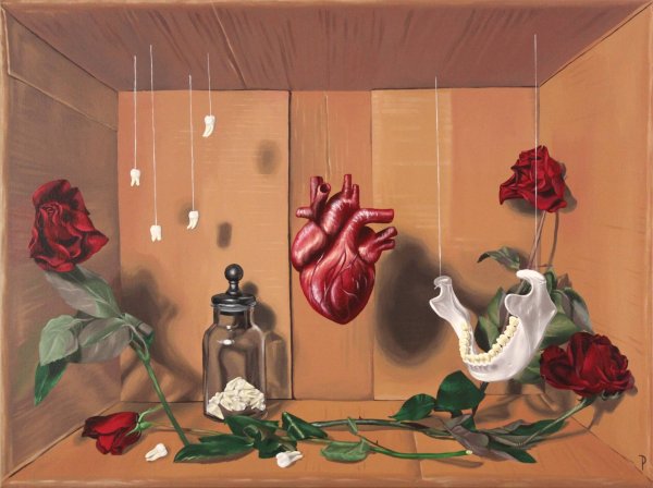 A painting shows a number of objects hanging down, including a heart, lower jaw and teeth. Flowers surround the objects. There is also a jar with white objects in it.