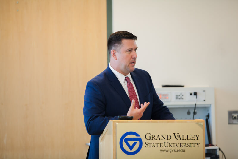 Brandon Miller, associate vice chancellor for Enrollment Management at University of Wisconsin, Oshkosh, gave a public presentation March 30 in the Kirkhof Center. 