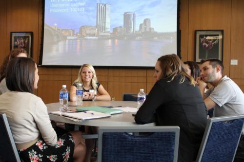 Kristina Graefen, GVSU PRSSA vice president of member services, networks with PRSSA members from multiple Michigan colleges during the June 13 
