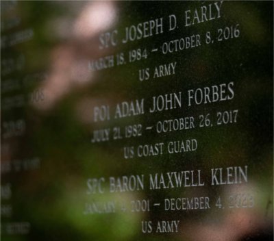 Three names, Joseph D. Early, Adam John Forbes and Baron Maxwell Klein are engraved on a wall.