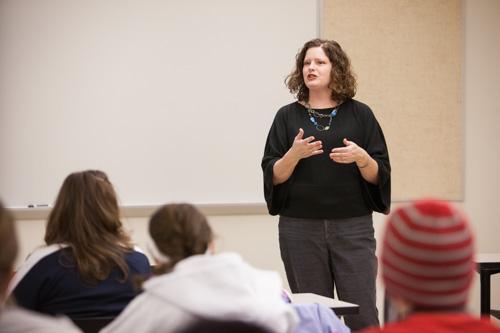 Maureen Wolverton leads a discussion in her Liberal Studies course. Wolverton said her students enjoyed reading �The Element� and found it inspiring.