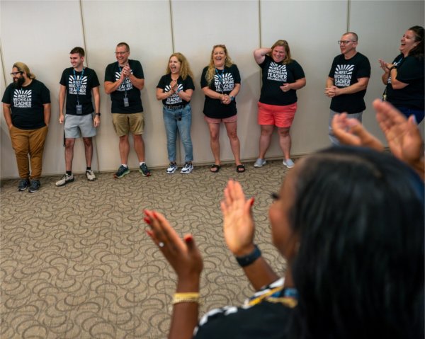 Participants take part in the West Michigan Teacher Collaborative Summer Institute at the Eberhard Center in Grand Rapids on July 22.