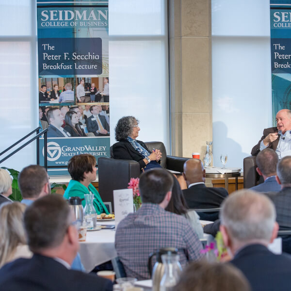 Jim Hackett, right, president and CEO of Ford Motor Company, with Diana Lawson, dean of the Seidman College of Business.