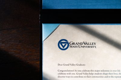 A close-up of a Grand Valley State University diploma.