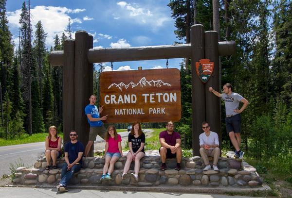 The New Music Ensemble at the entrance to Grand Teton National Park. Photo by Bill Ryan.