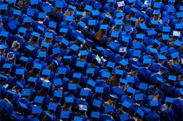  As seen from above, a group of graduates wearing blue mortarboards and gowns. 