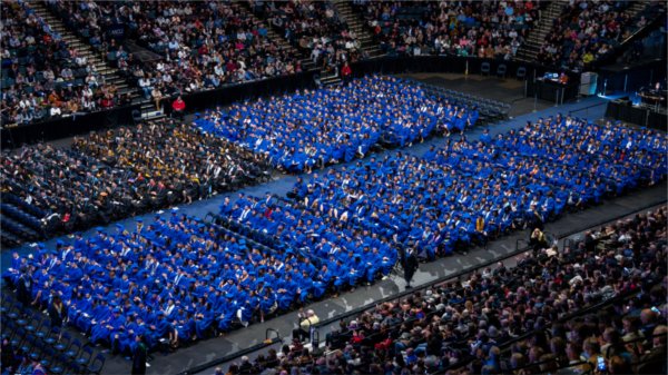  An overall photo of an arena full of graduates sitting for a commencement ceremony. 