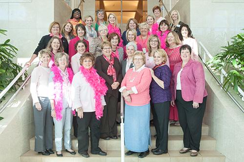 Pictured are Kirkhof College of Nursing faculty and staff members dressed in pink to raise funds for a breast cancer program.