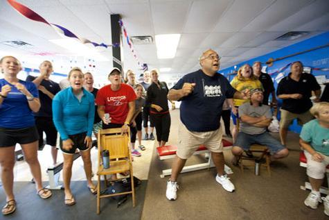 Supporters gathered at the Grand Valley Rowing Training Center to watch Zelenka August 1.