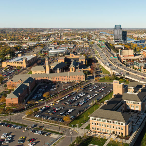 Aerial photo of GVSU's Pew Campus