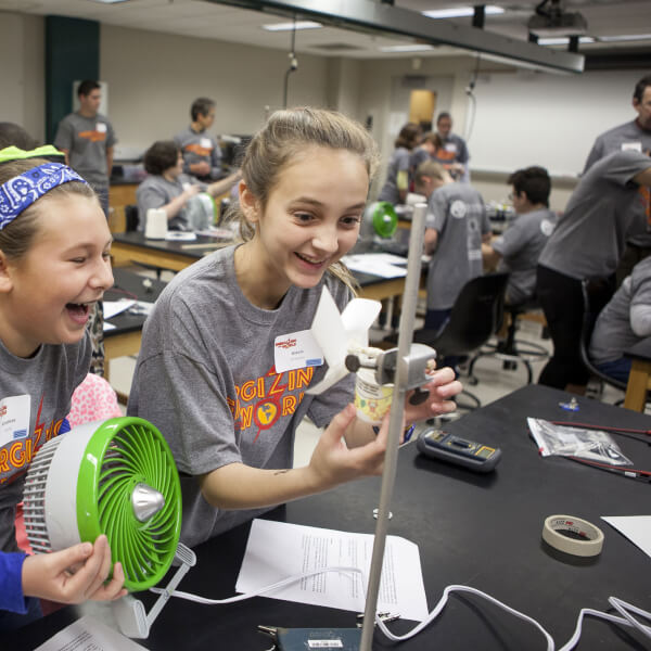 Students constructing wind turbines. Photo by Steven Herppich.