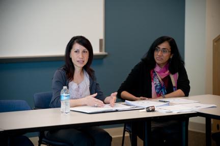 Connie Dang, left, and Shaily Menon discussed the low number of Asian Americans in senior administrative roles in higher education during a presentation in the Kirkhof Center.