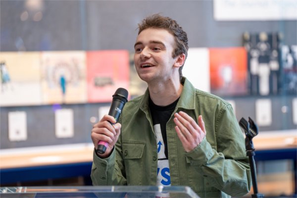 Student Senate president Quinten Proctor speaks during the Election Day Celebration in Kirkhof Center.