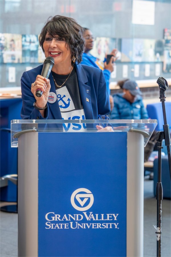 President Philomena V. Mantella speaks as part of an event at the Kirkhof Center encouraging the GVSU community to vote on November 5. 