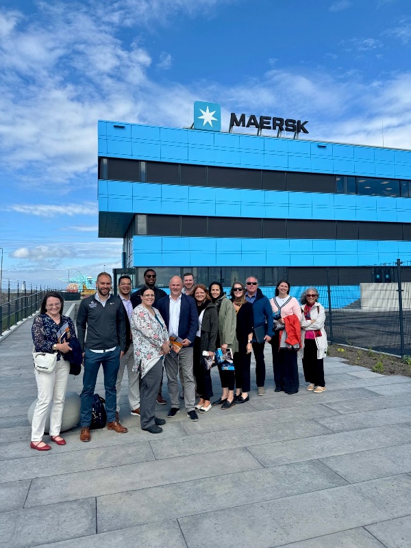 The GVSU EMBA cohort poses outside of the Maersk office building at its seaport operation in Rotterdam, the Netherlands, on June 14, 2024.