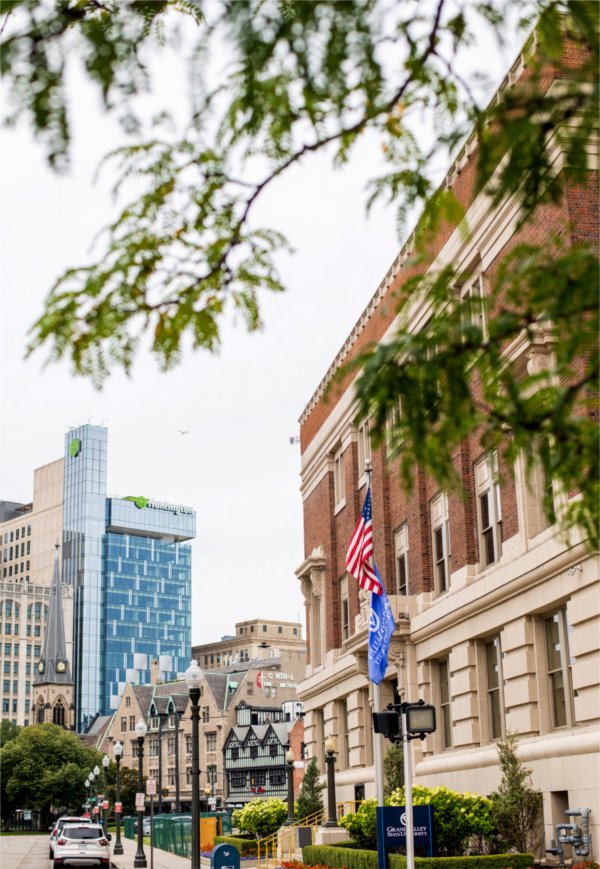 view from Detroit Center with flagpole in center