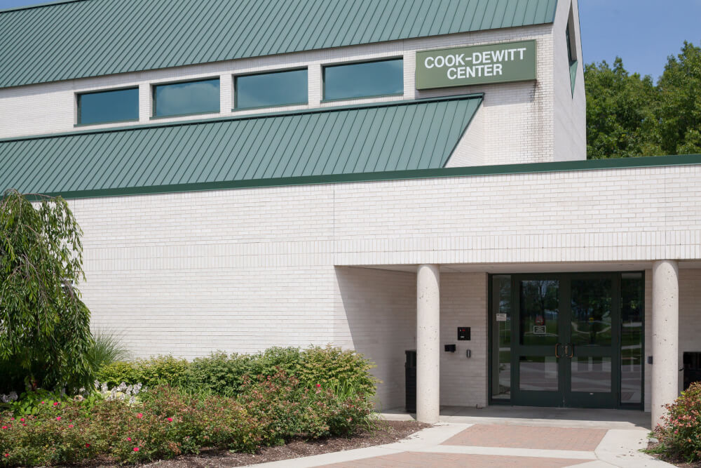 An exterior photo of the Cook-DeWitt Center on the Allendale Campus.