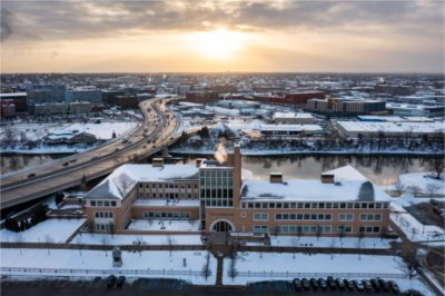 Photo from drone of Seidman Center's exterior