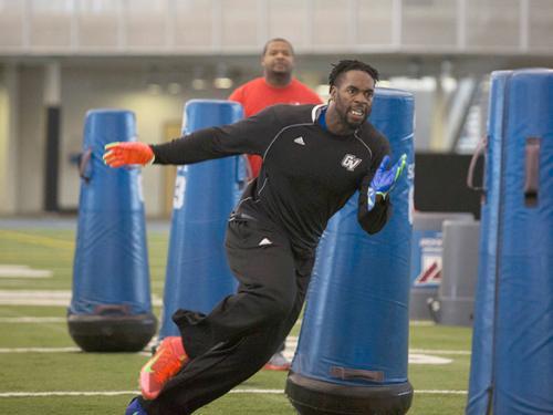 Matt Judon works out during Laker football's Pro Day event March 15 at the Kelly Family Sports Center.